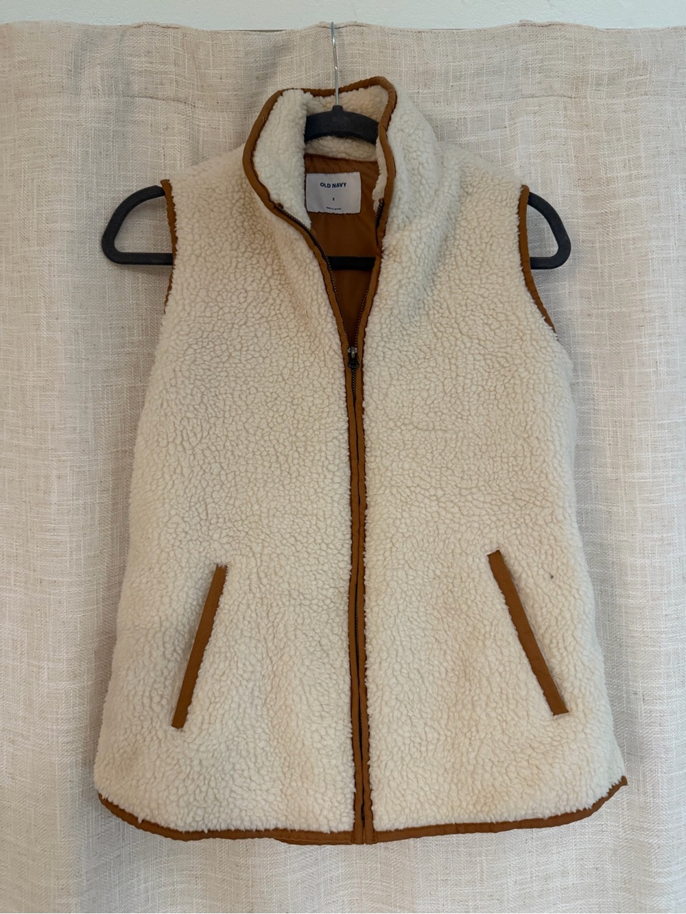 Old Navy Cream Sherpa Vest with Brown Trim